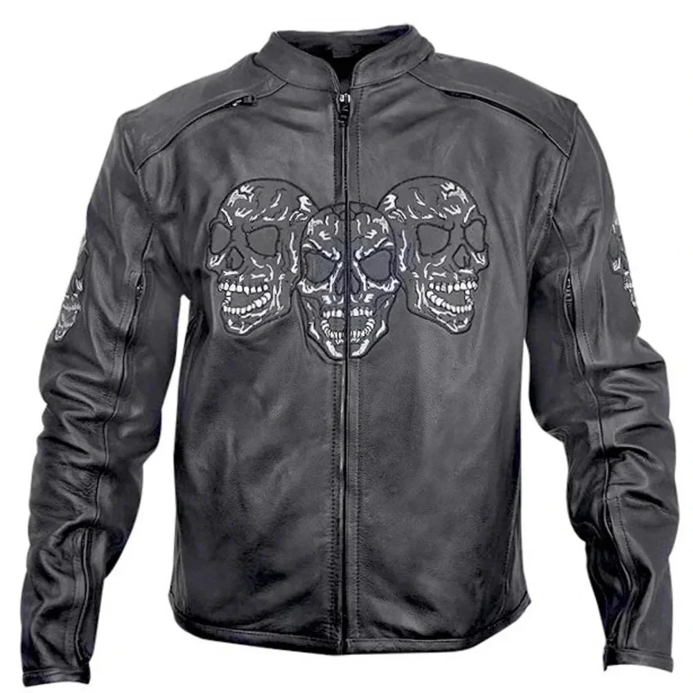 Leather Motorcycle/Racing Jacket with‎ Reflective Skull Designs